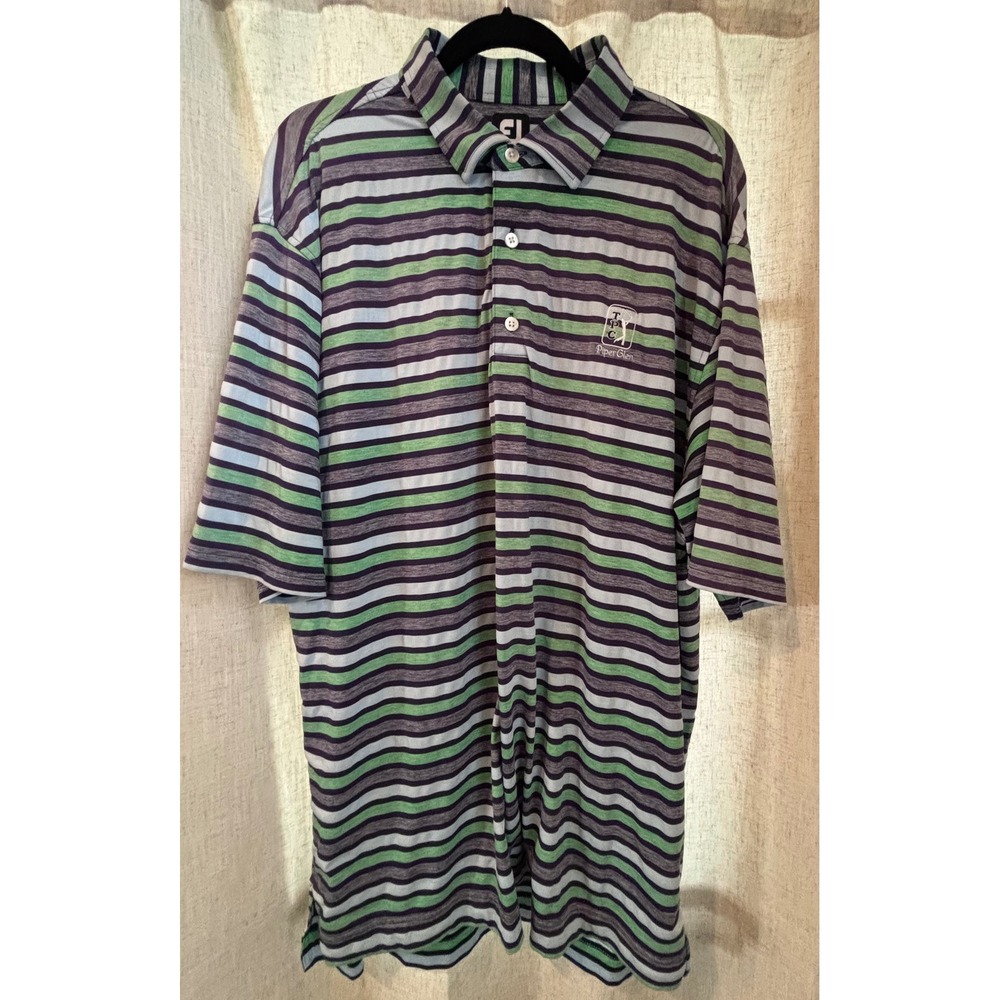 FootJoy FJ Mens TPC‎ Piper Glen Striped Golf Polo Shirt Green Blue Grey Large L